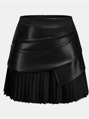 Commense Black Faux Leather Layered Pleated Mini Skirt